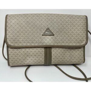 VTG 1980s Liz Claiborne Leather Trim Medium  Beige Crossbody Purse Triangle Logo